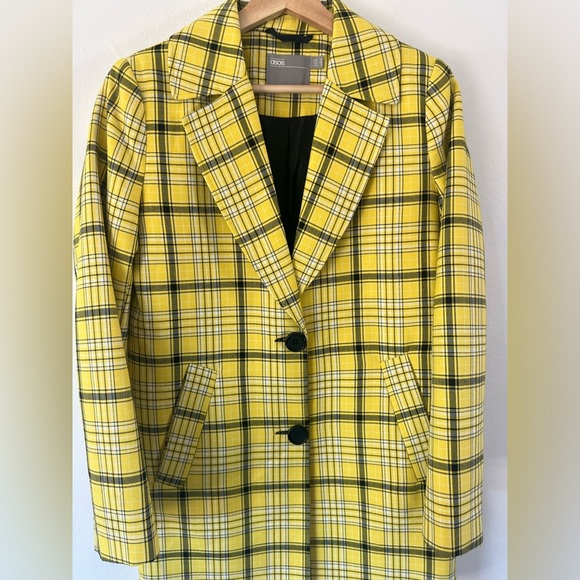 ASOS Yellow & Black Plaid Long Preppy Blazer Size 2 - Picture 2 of 10